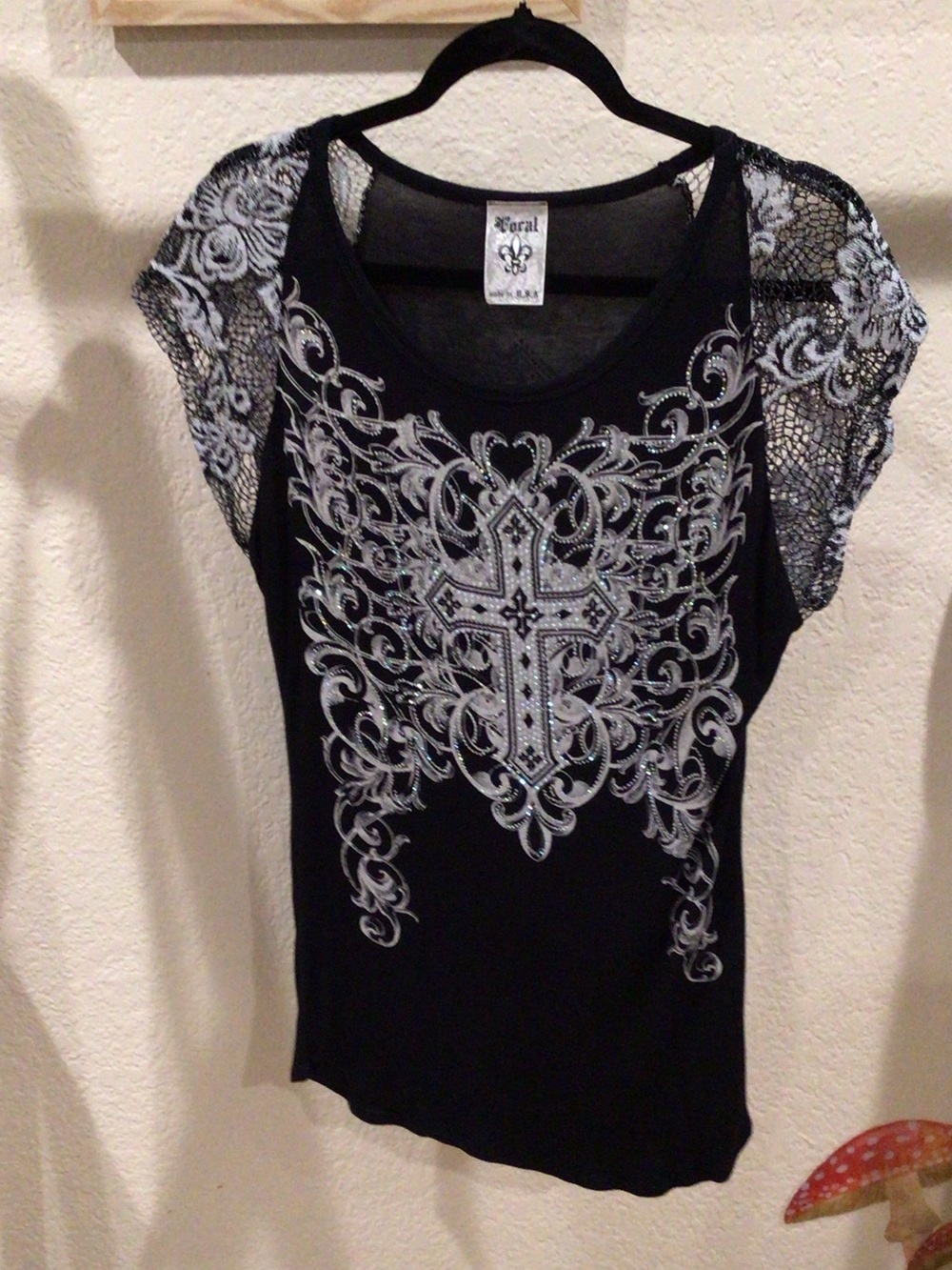 Vocal Black Tee with Silver Cross Embellishment and Lace Cap Sleeves Made in USA